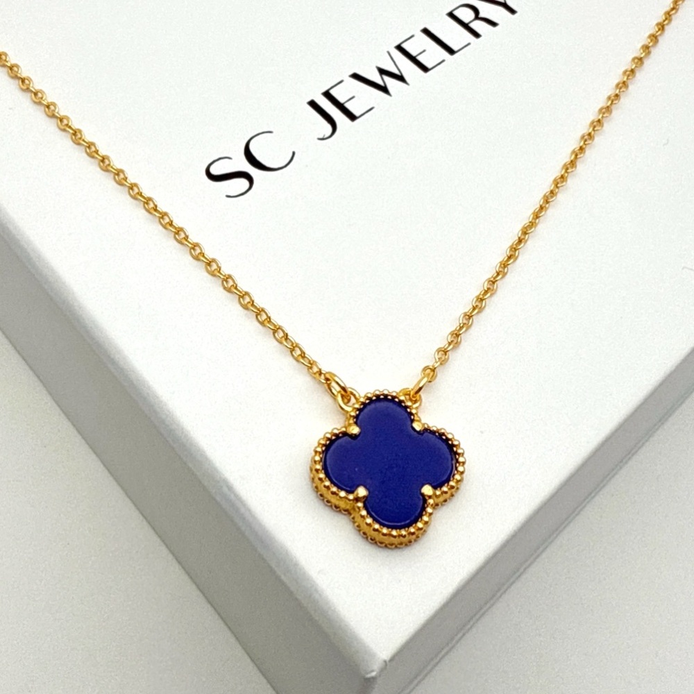 Last 1 🔥 Royal Blue Clover Necklace 14k Gold Tone Double Sided - Picture 5 of 13